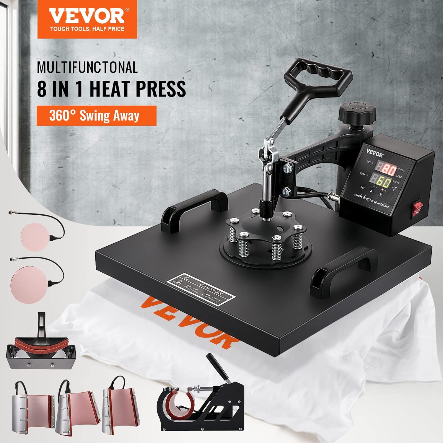 VEVOR Heat Press 15x15 Inch 8 in 1 Heat Press Machine, Swing Away Tshirt Press Machine Digital Control
