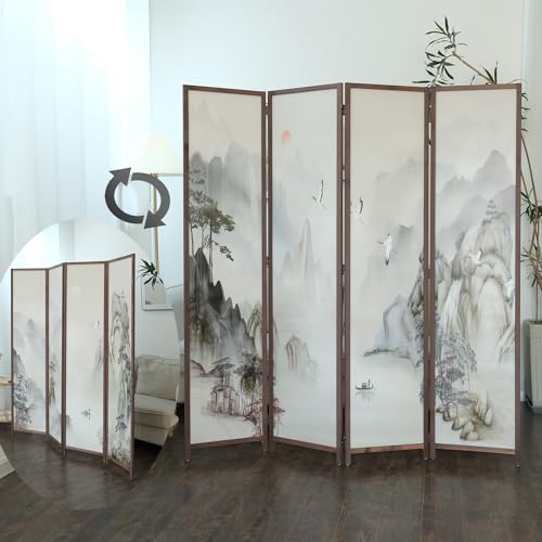 6 Panel Room Divider Screen,Double Faced Room Divider Folding Wall Divider for Room Separation,Mountains and Waters Landscape,67" H x 94.5" W