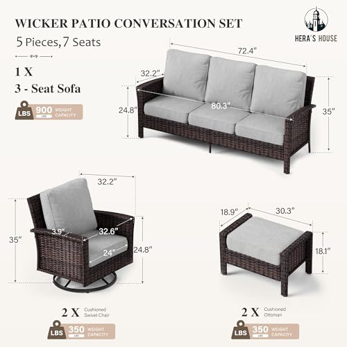 HERA'S HOUSE High Back Patio Furniture Set with Swivel Chairs, Outdoor Wicker Conversation Sets with 5.5" Comfy Cushions, 4 Piece Outside Sofa Sets