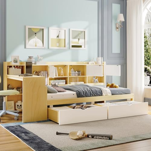 Corner Twin Bed Frame with Bookcase Storage and Desk, Wood Day Beds with 2 Drawers, Twin Size Daybed with Storage for Living Room