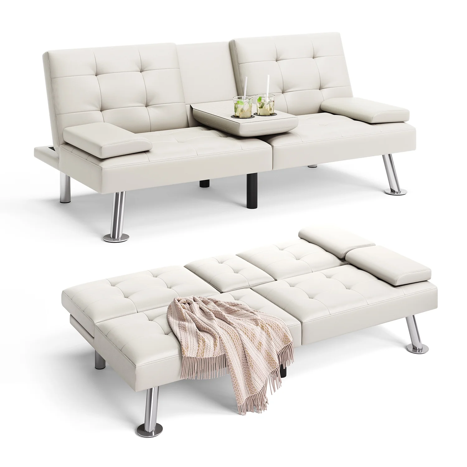 Linsy Home Convertible Upholstered Faux Leather Futon Couch, White - Radiant Selections
