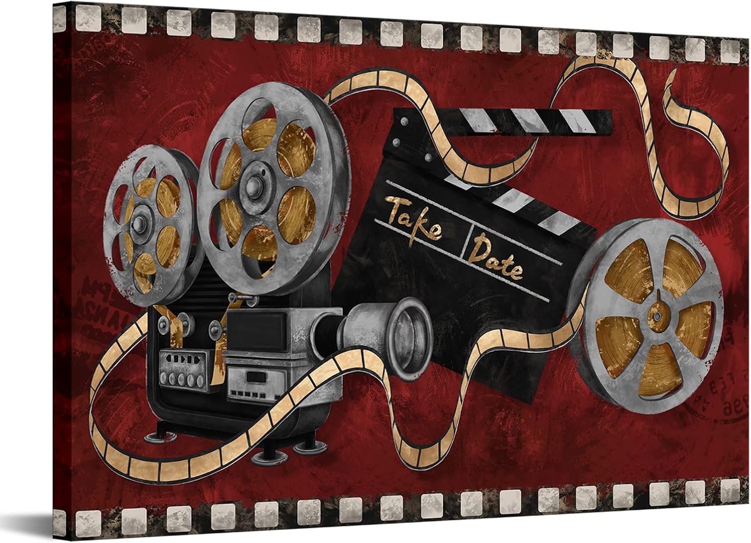 FuShvre Large Movie Wall Art Decor Movie Projector Film Reels Canvas Painting Black and Red Old Fashion Artwork for Bar Pub Home Movie Theater Media