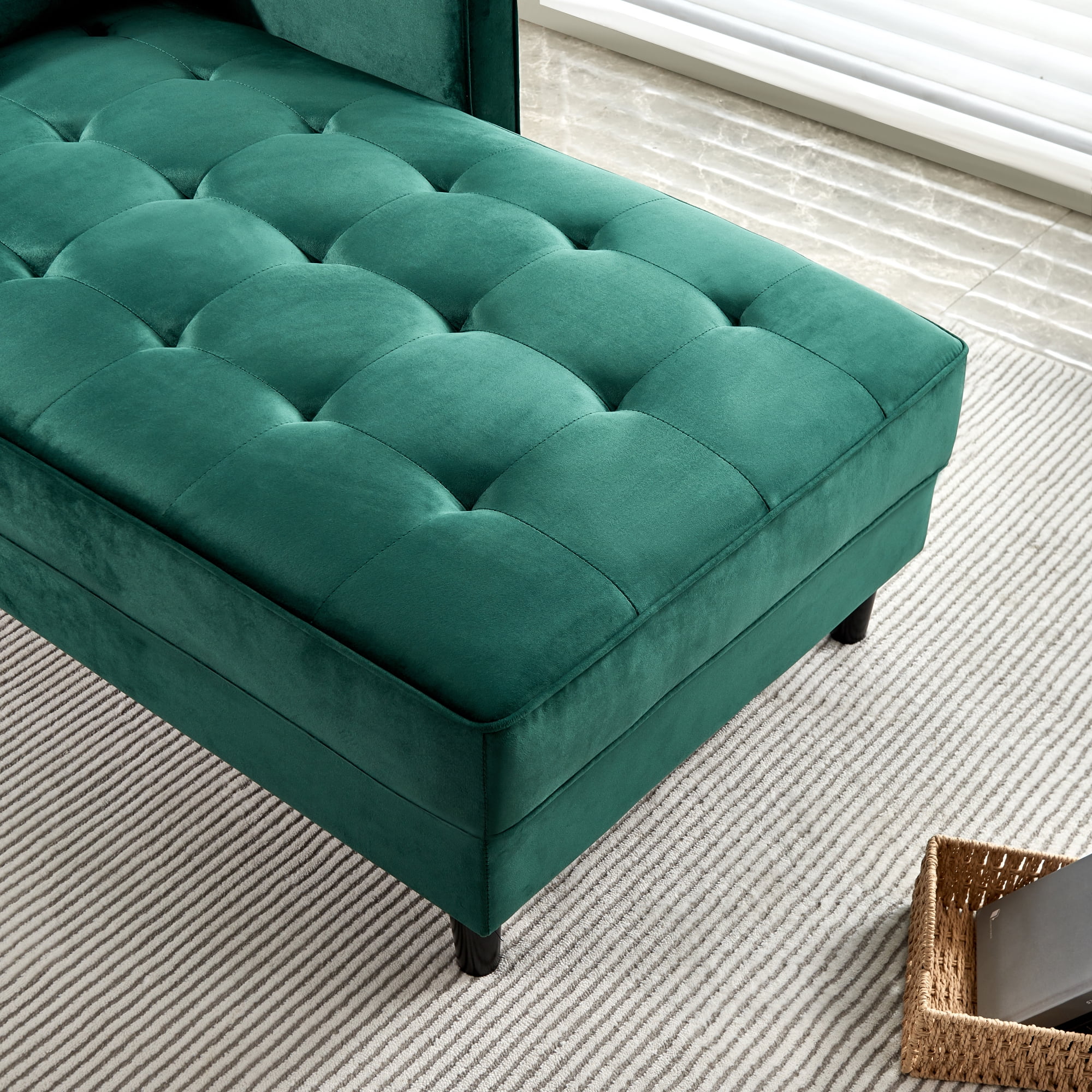 64" Velvet Chaise,Mid-Century Modern Chaise Furniture,Sleeper for Living Room,Apartment,Tool-Free Assembly. (Green)