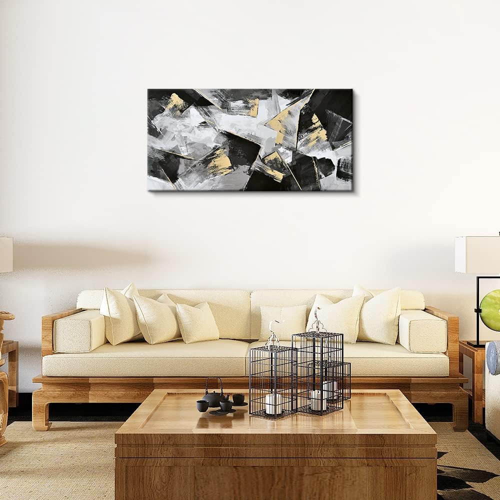 Pigort Abstract Geometry Wall Art for Living Room, Black Gold Canvas Prints Pictures Wall Decor, Modern Artworks for Home Office Decoration