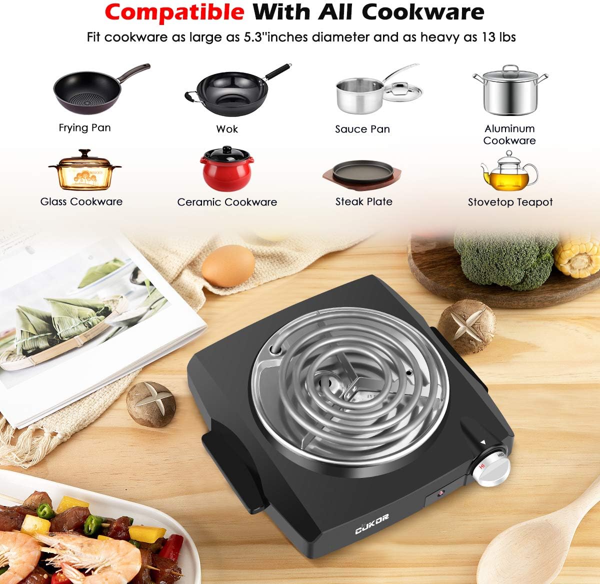 CUKOR Electric Hot Plate, 1800W Portable Electric Stove,Infrared Double Burner,Heat-up In Seconds