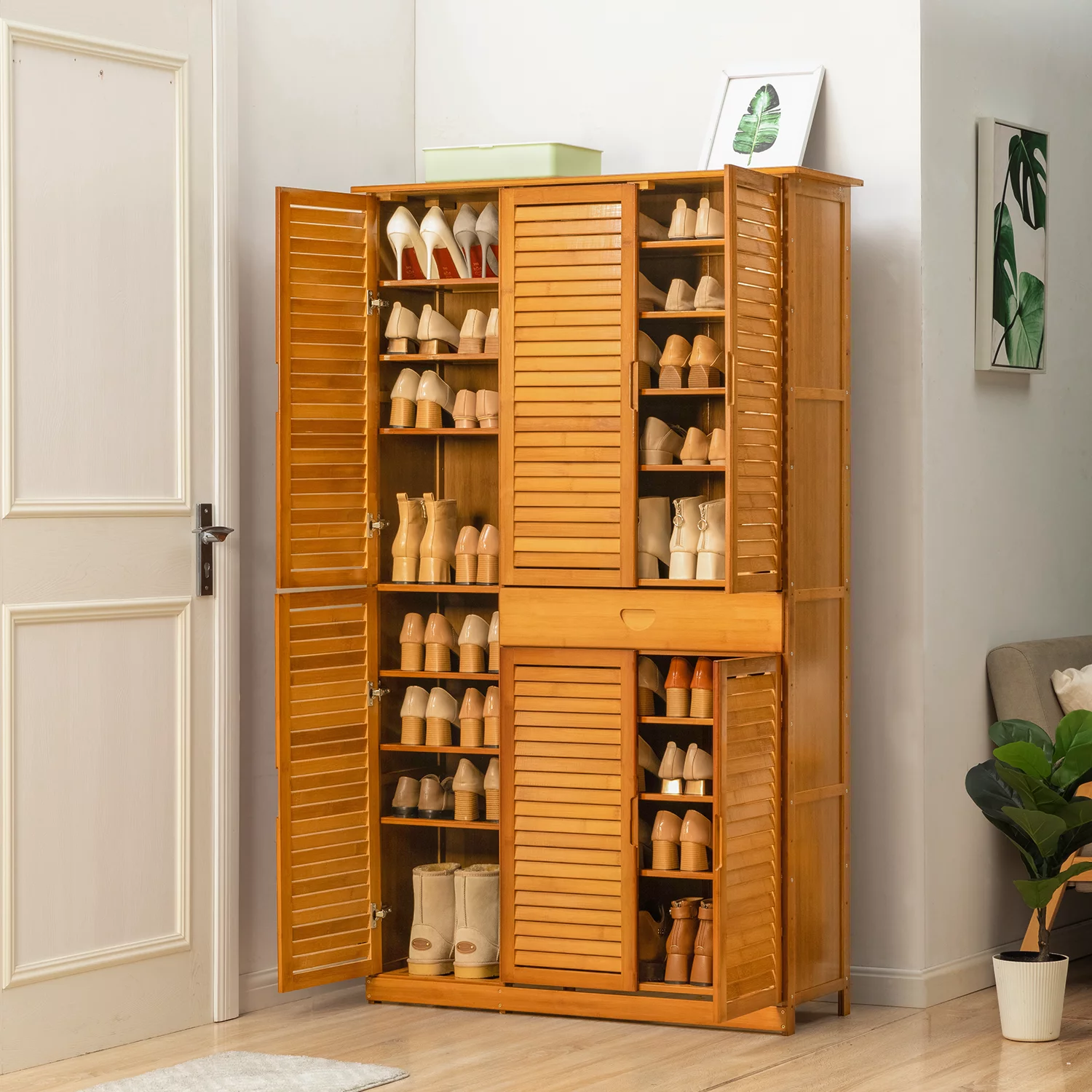 Magshion Bamboo 10 Tiers 1 Drawer Shoes Cabinet, 43 Pairs Storage with Shutter Doors, Brown, for Entryway