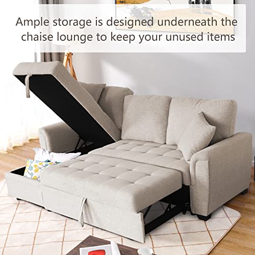 Aoowow Upholstered Sectional Sofa with Reversible Storage Chaise Lounge, Linen Fabric Pull Out Sofa Bed with 2 Throw Pillows, 86 Inch L-Shaped Couch