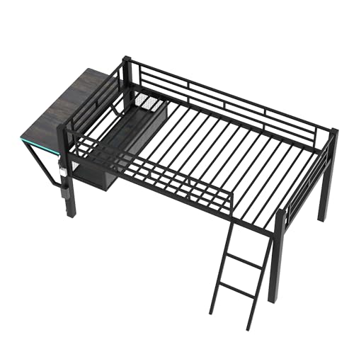 Gaming Bed with Desk,Wardrobe,Ample Storage Space,and RGB LED Light, Full Size Wood Loft Bed for Kids Bedroom (Cloud Blue/K)