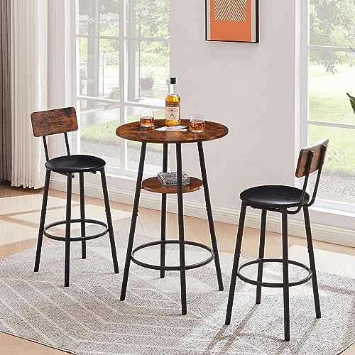 3-Piece Bar Table and Chairs Set for 2, Small 2-Tier Round Bistro Pub Dining Table & PU Upholstered Stools with Backrest
