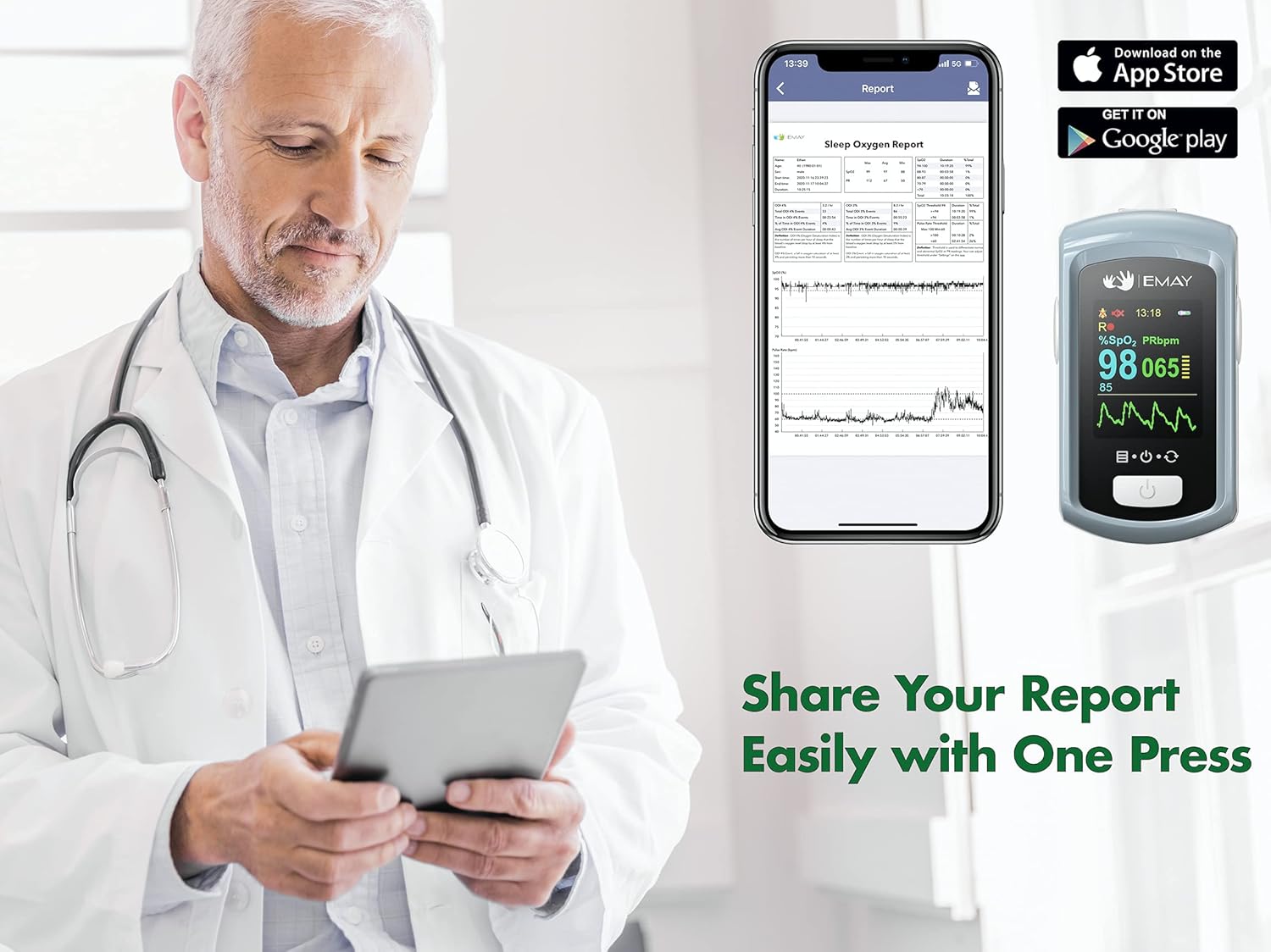 EMAY Sleep Oxygen Monitor with PC Software & App | Bluetooth Pulse Oximeter Rechargeable for Overnight & Continuous SpO2 Tracking with 72 Hours