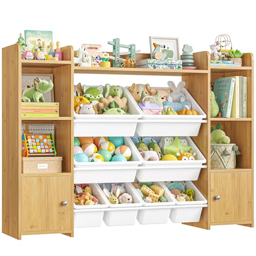 FOTOSOK 55''Large Toy Storage Organizer with 8 Toy Bins, Toy Organizers and Storage with Shelf and 6 Storage Cubbies, Bookshelf for Kids