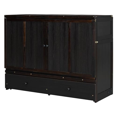 Harper & Bright Designs Queen Murphy Bed with USB Charging Station and Large Drawer, Wooden Queen Size Bed Wall Bed with Storage