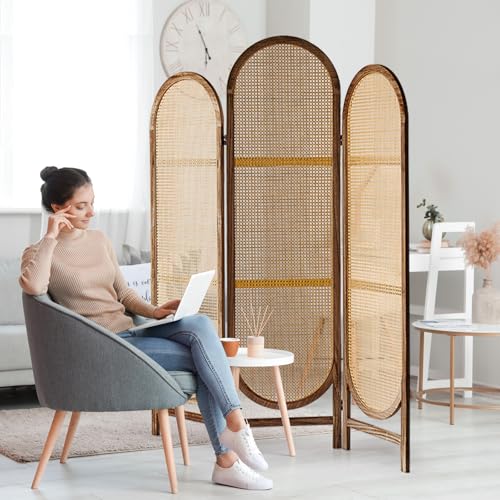 5.9 Ft Tall Hand-Woven Rattan Room Divider 3 Panels, Wood Room Divider Panel, Folding Screen Divider Wall, Wall Divider for Room Separation