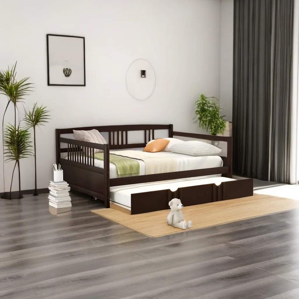 Full Size Daybed with Trundle, Modern Wood Sofa Day Bed Frame with Twin Size Trundle for Kids Boys, No Box Spring Need, Easy Assembly