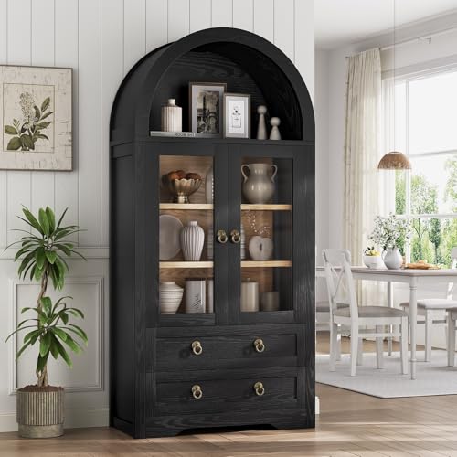 Kitchen Pantry Cabinet, Arched Bookshelf Bookcase China Pantry Storage Cabinet with Drawers Doors and Shelves