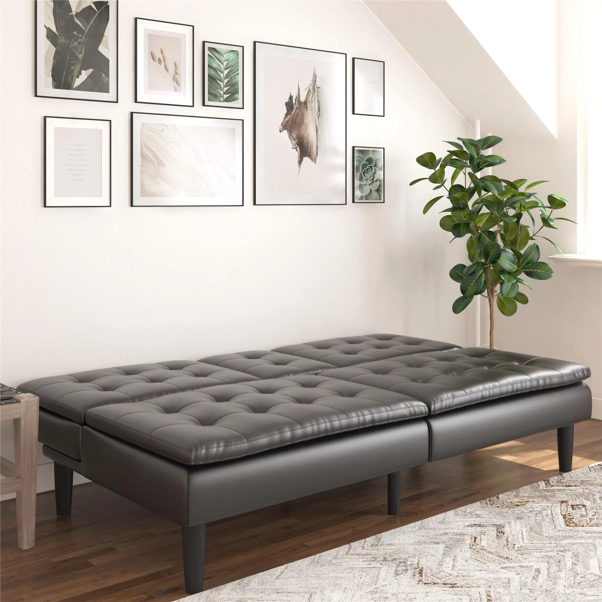 Mainstays Memory Foam Futon with Cupholder and USB, Black Faux Leather