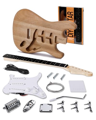 Fesley DIY LP Style Electric Guitar with Mahogany Wood Body/Neck, 6 String, Techwood Fretboard, H-H Pickups, Flamed Maple Veneer Top