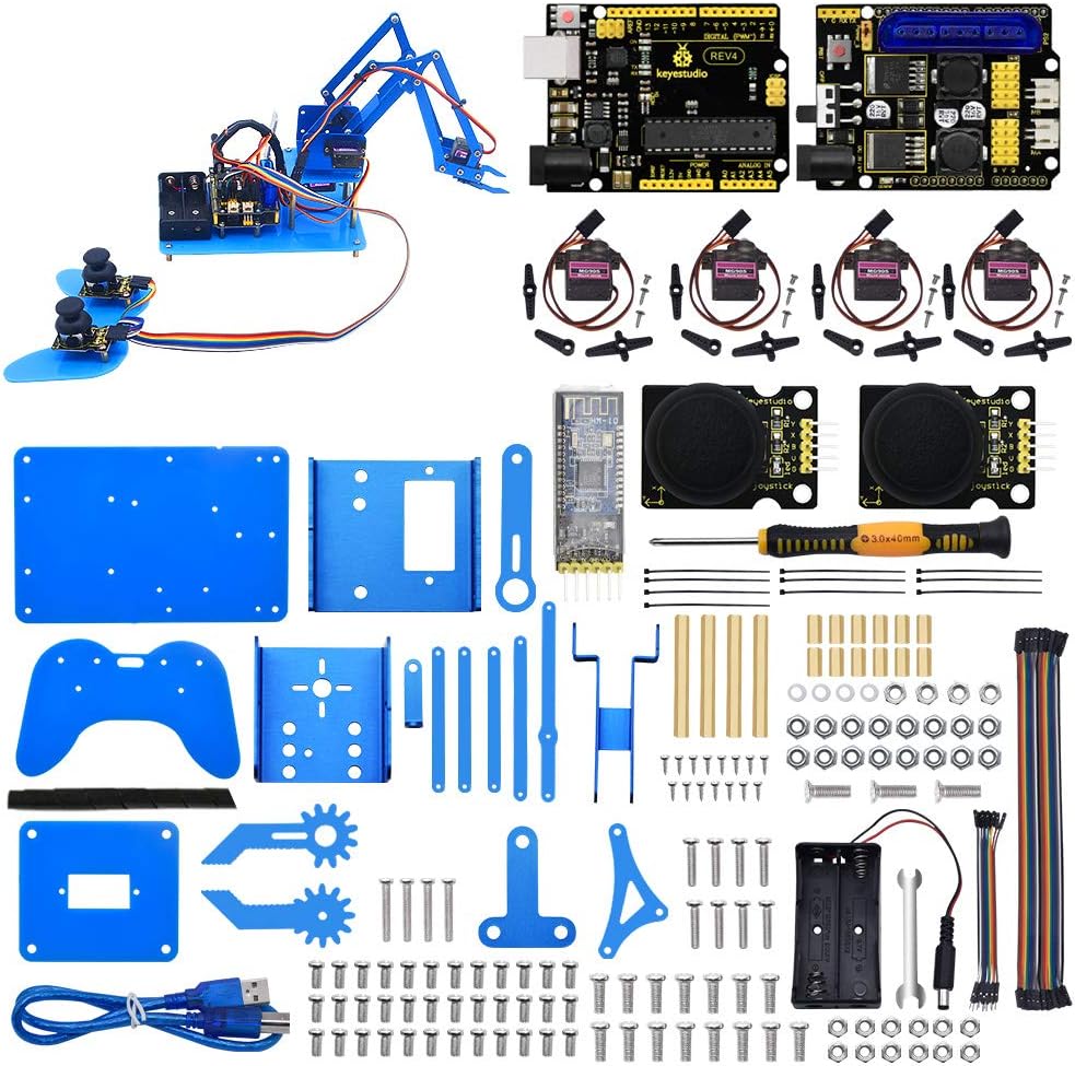 KEYESTUDIO Robot Arm Starter Kit for Arduino,4DOF Electronic Coding Robotics Arm DIY Set for Kids Adults to Learn Robotics,Support PS2 Joypad Control