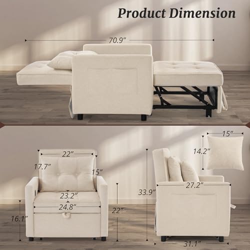 Sofa Bed Chair, 3 in 1 Convertible Sleeper Chair Bed for Adults, Pull Out Chair Sleeper, Adjustable Reading Chair with 2 Pillows and Backrest