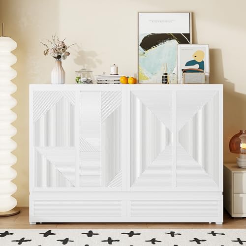 Harper & Bright Designs Full Size Murphy Bed Cabinet Wall Bed, Solid Pine Murphy Bed Chest with USB Ports