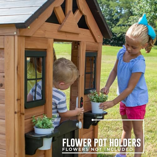 Backyard Discovery Sweetwater Cedar Wooden Kids Playhouse Cottage with Play Kitchen, Snack Bar, Half Door, Toy Phone, Windows, Flowerpot Holders