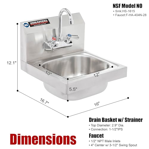 DuraSteel Stainless Steel Sink - Commercial Wall Mount Kitchen Sink - Small Hand Sink Wash Basin - With Sink Strainer and Faucet - For Laundry