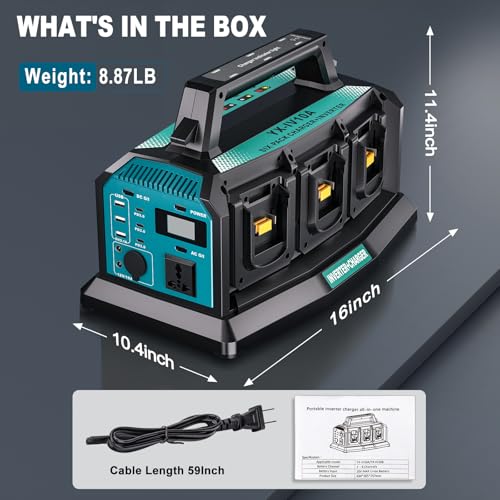 2-in-1 Portable Inverter Charger, 1200W Pure Sine Wave Inverter & 6A Rapid Charger for Makita 18V Battery, 6-Port DC to AC 120V Converter