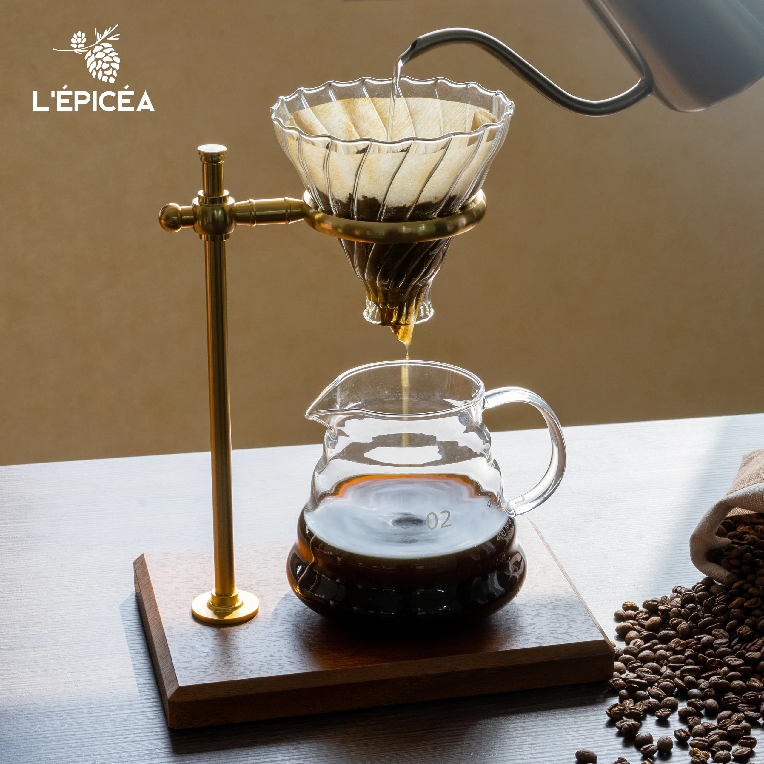 L'ÉPICÉA Pour over Coffee Maker Set,Stainless Steel Stand, Wooden Base, Glass Coffee Dripper