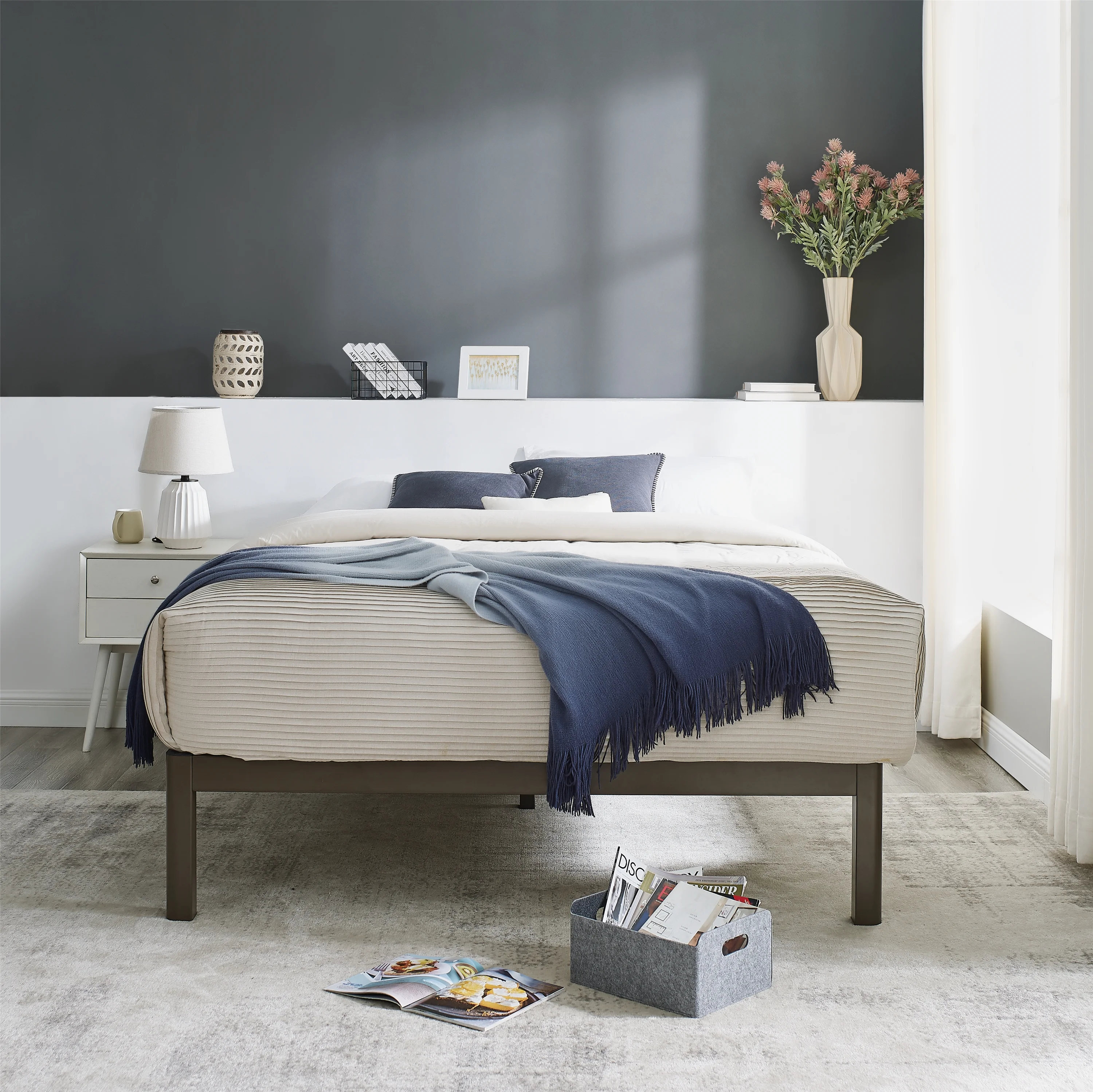 Mainstays Wood Slat Bronze Metal Platform Bed Frame, Queen