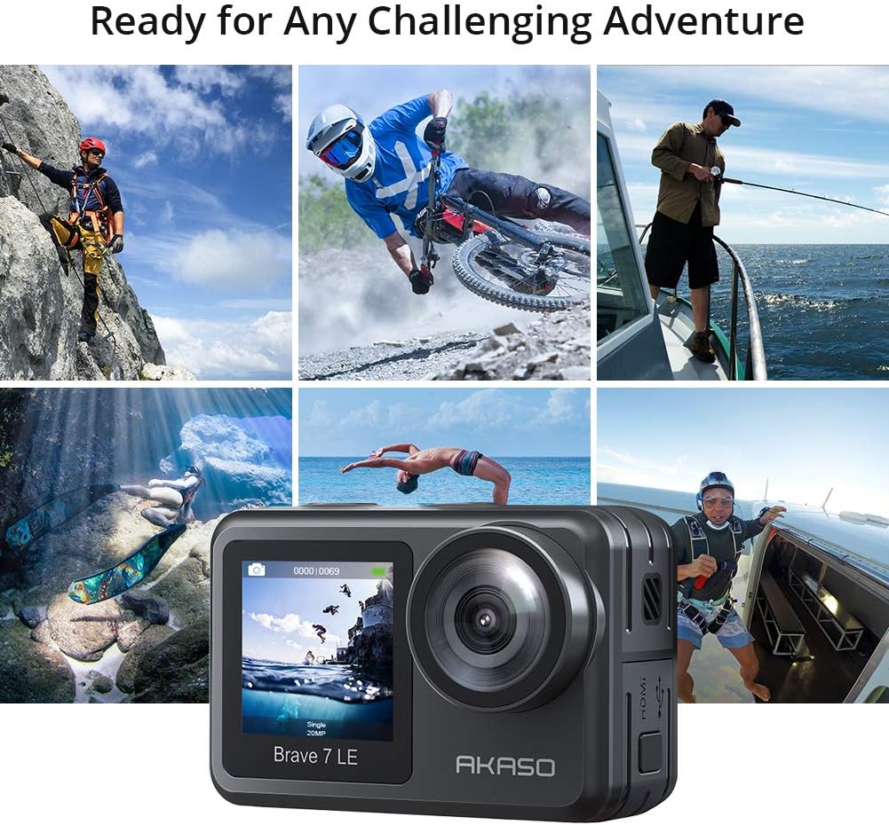 AKASO Brave 7 LE 4K30FPS 20MP WiFi Action Camera with Touch Screen Vlog Camera EIS 2.0 Remote Control 131 Feet Underwater Camera with 2X 1350mAh
