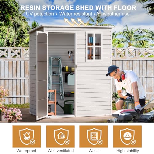 Outdoor Resin Storage Shed with Floor Included 5x3 FT, Waterproof Outside Sheds with Window Lockable Door