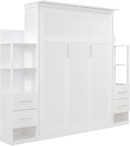 MERITLINE Queen Murphy Bed with Storage Drawers,LED Lights and Shelves,Wood Murphy Wall Bed Cabinet for Adults (White)