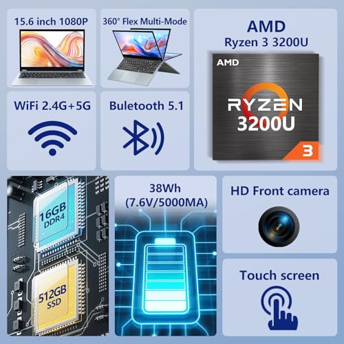 2 in 1 Laptop Computer, 15.6 Inch Convertible Laptop, 16GB DDR4 RAM 512GB SSD Touchscreen Laptop, AMD Ryzen R3 3200U, AMD Radeon, FHD 1920x1080