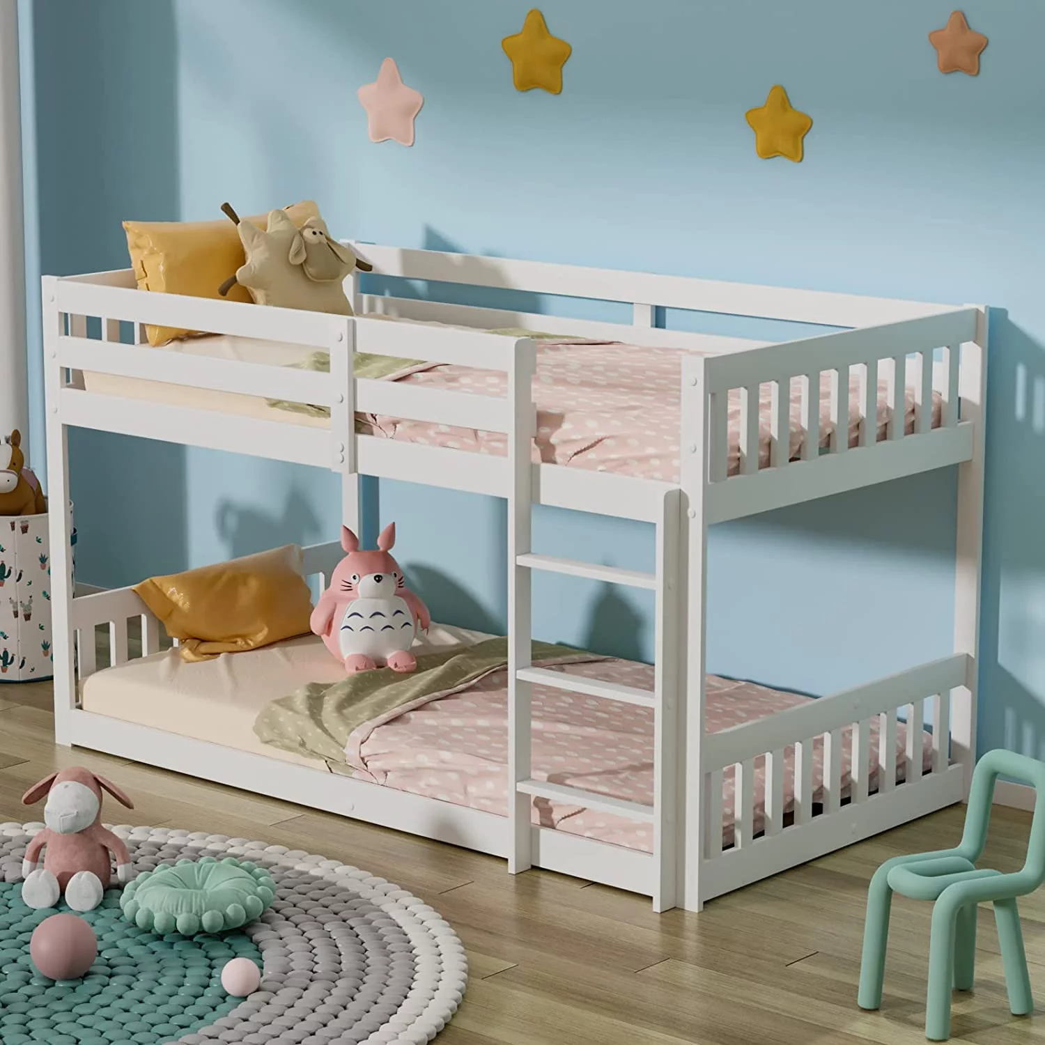 JOYMOR Wood Low Twin Over Twin Bunk Bed for Kids/Toddlers/Junior, Bunk Bed Frame with Guardrails & Ladder for Boys Girls, No Box Spring Needed, White
