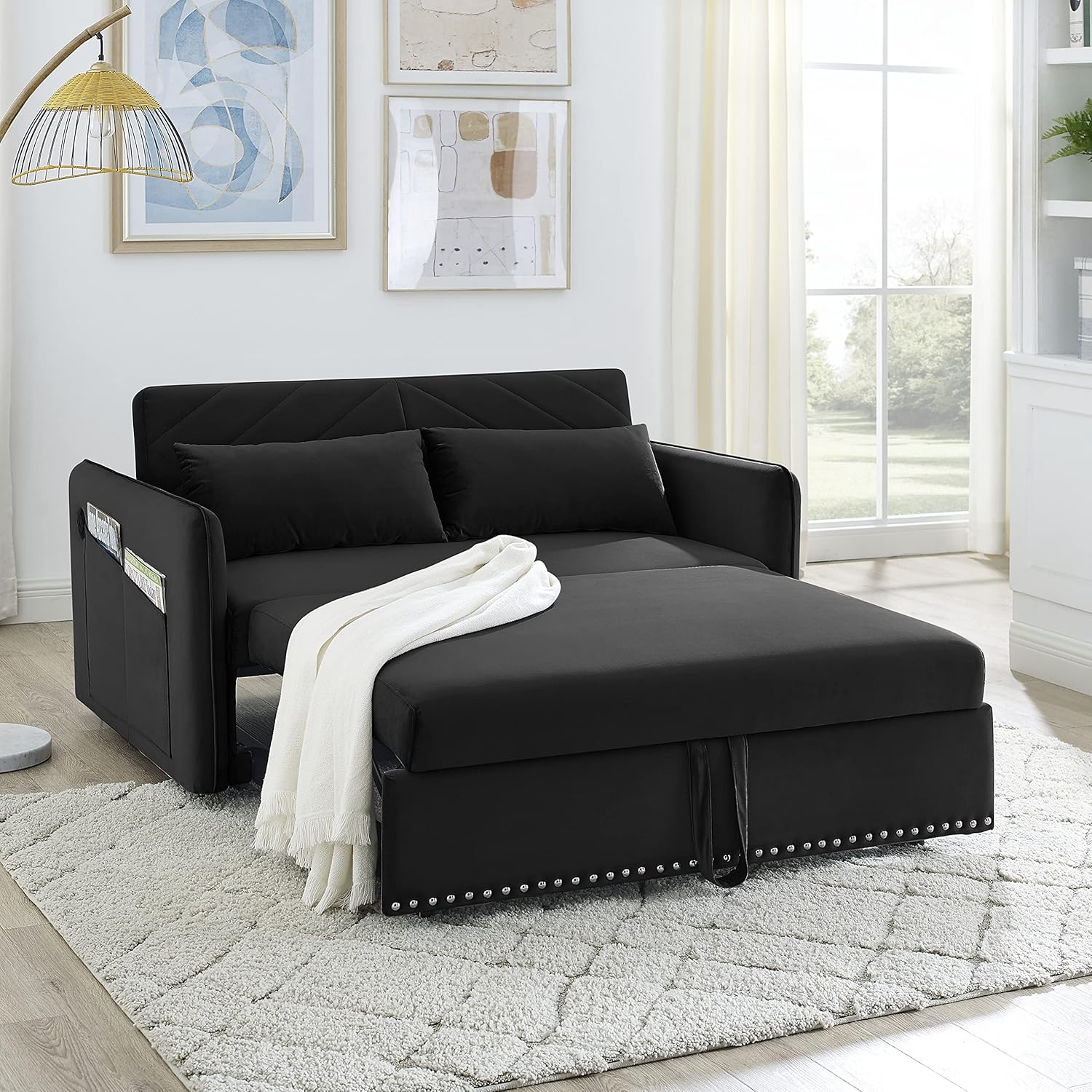 DHHU Convertible, 3 in 1 Velvet Loveseat Sleeper Sofas Couch with Pull Out Beds, Small Love seat with Adjustable Backrest