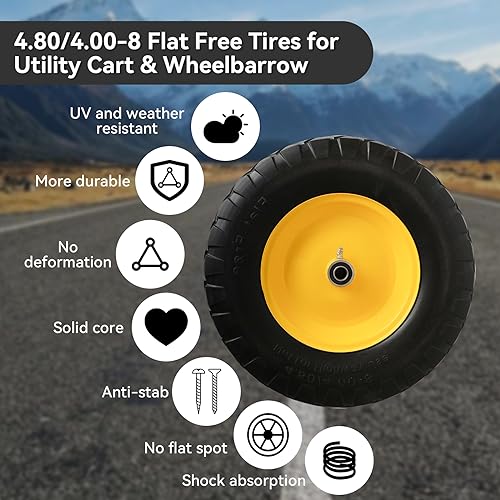 4.80/4.00-8" Tire and Wheel Assembly Set for Wheelbarrows, 5/8" or 3/4" Bore Wheelbarrow Tires for Utility Cart, Wheel Barrel, Wagon, Trailer, Dolly