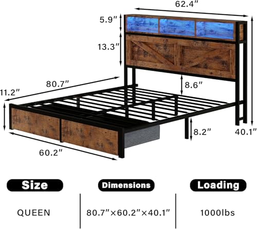 Farmhouse Full Bed Frame with Bookcase Headboard and Storage Drawers, LED Lights and Charging Station, No Box Spring Needed, Noise Free, Rustic Brown