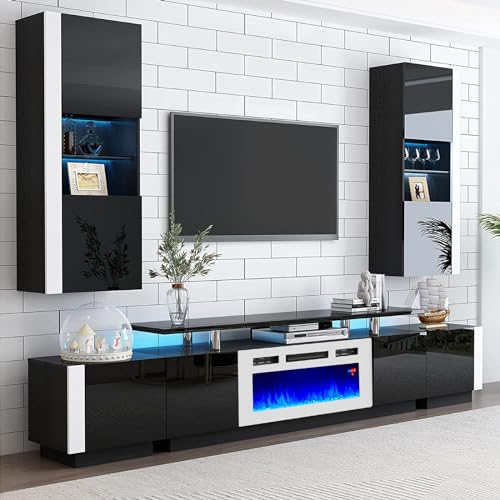 AMERLIFE Fireplace TV Stand with 40" Fireplace, 80" Modern High Gloss Fireplace Entertainment Center LED Lights