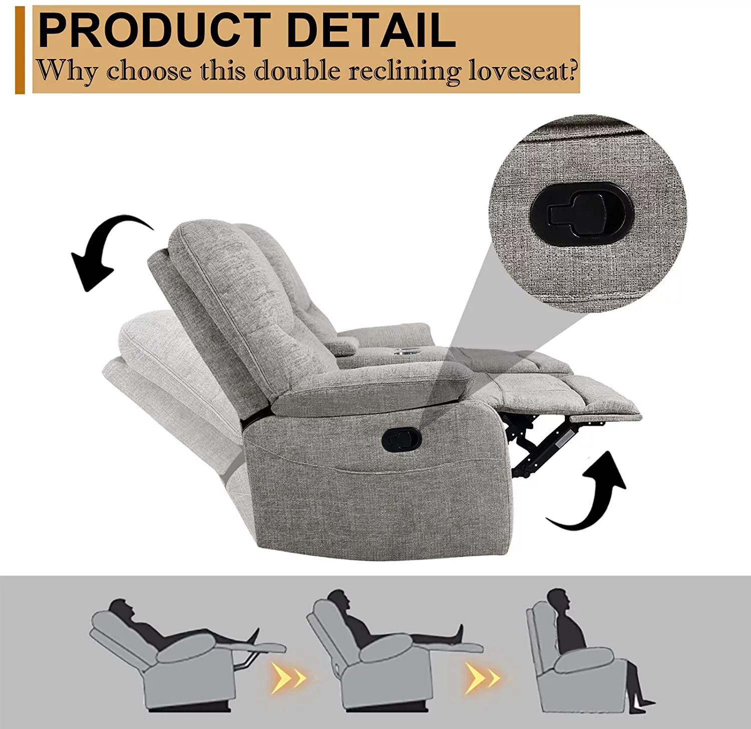 Double Reclining Loveseat - Fabric Home Theater Seating with Console - Glider Reclining Couch for Living Room, Office