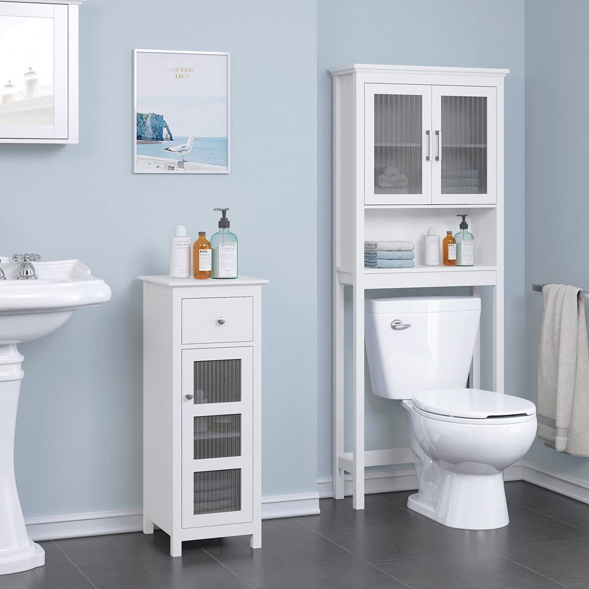 Spirich Home Bathroom Cabinet Over The Toilet, Bathroom Storage Cabinet with Windowpane Glass Doors and Adjustable Shelves