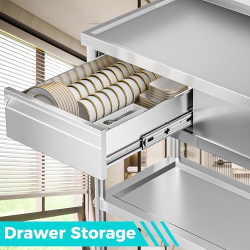 47" 304 Stainless Steel Utility Sink, Free-Standing Commercial Sink with Workbench, Drawer Storage & Hot/Cold Water Pipes for Laundry