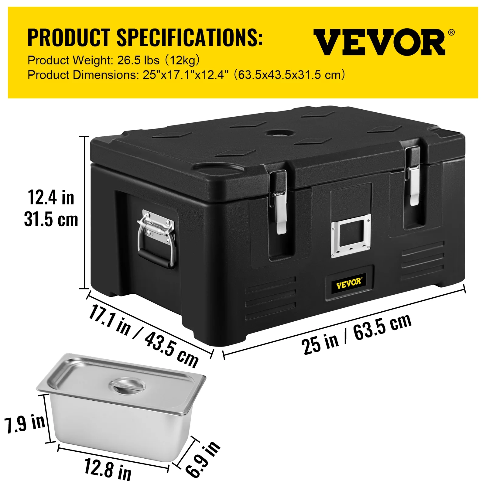 VEVOR Insulated Food Pan Carrier, 36Qt Capacity, Stackable Catering Hot Box with 3 Stainless Steel Pans