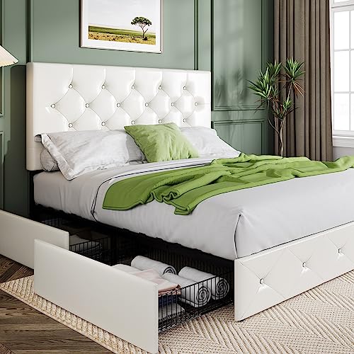Allewie Upholstered Queen Size Platform Bed Frame with 4 Storage Drawers and Headboard, Square Stitched Button Tufted