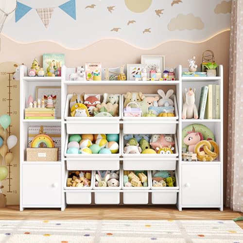 FOTOSOK 55''Large Toy Storage Organizer with 8 Toy Bins, Toy Organizers and Storage with Shelf and 6 Storage Cubbies, Bookshelf for Kids