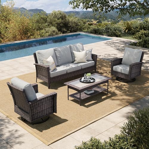 HERA'S HOUSE High Back Patio Furniture Set with Swivel Chairs, Outdoor Wicker Conversation Sets with 5.5" Comfy Cushions, 4 Piece Outside Sofa Sets