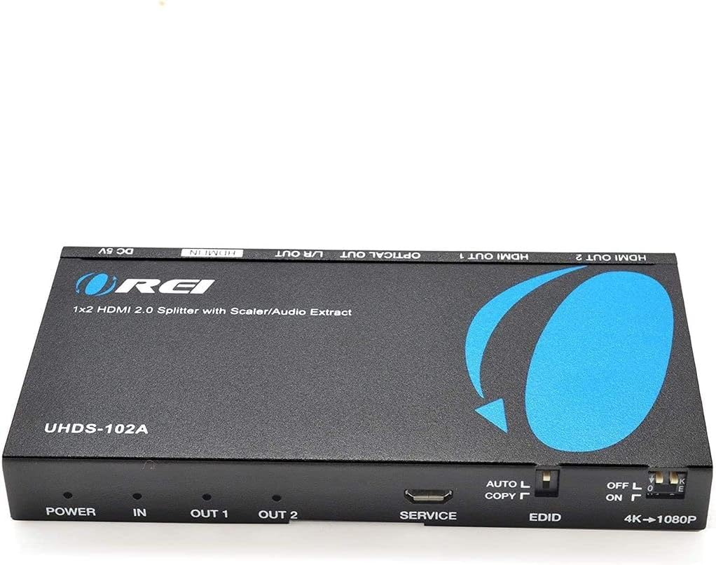 Orei 1x2 2.0 HDMI Splitter with Scaler Audio Extractor 2 Ports with Full Ultra HDCP 2.4K at 60Hz & 3D Supports EDID Control - UHDS-102A