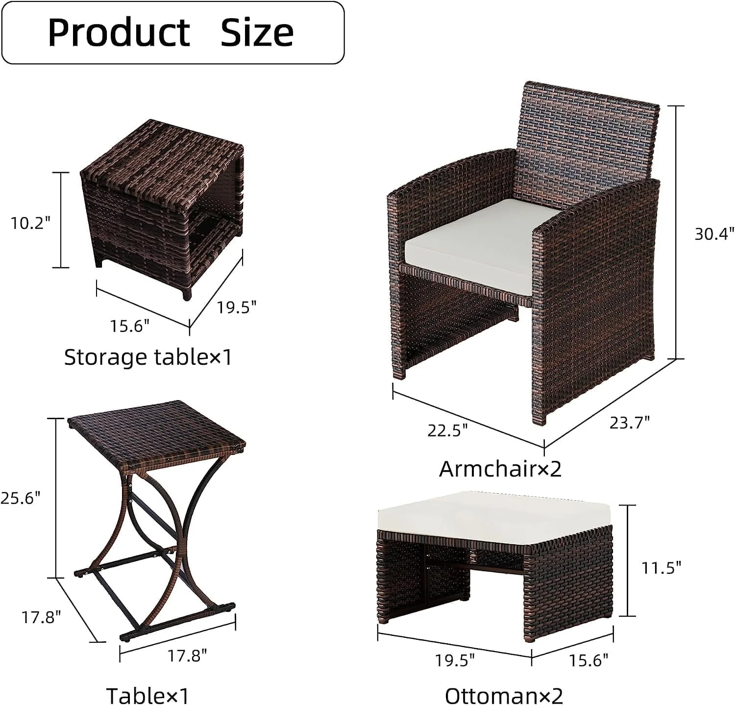 LHBcraft Balcony Furniture 5 Piece Patio Conversation Set, PE Wicker Rattan Outdoor Lounge Chairs with Soft Cushions 2 Ottoman&Glass Table for Porch
