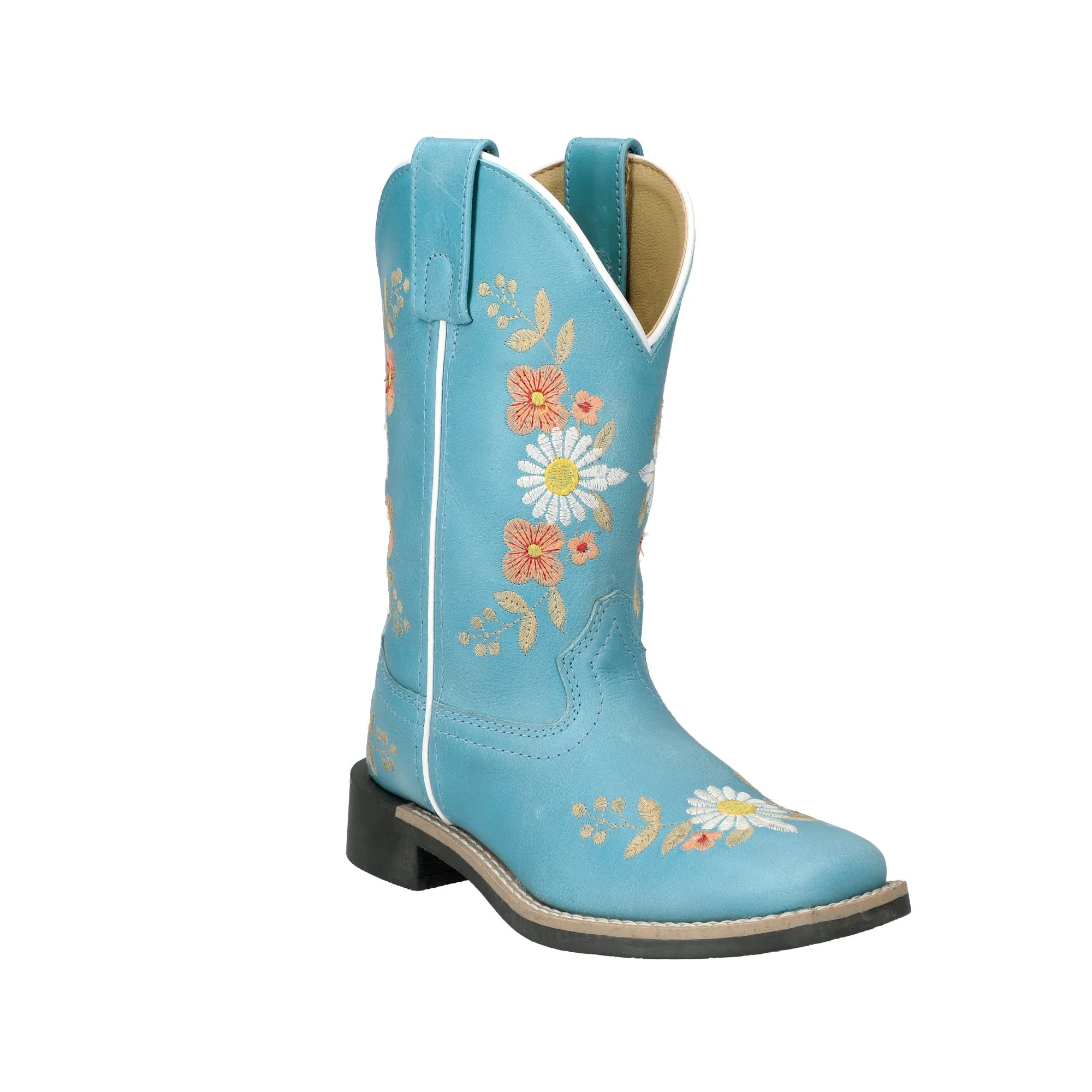Kid's Desert Flowers Turquoise Leather Western Boot with Embroidery