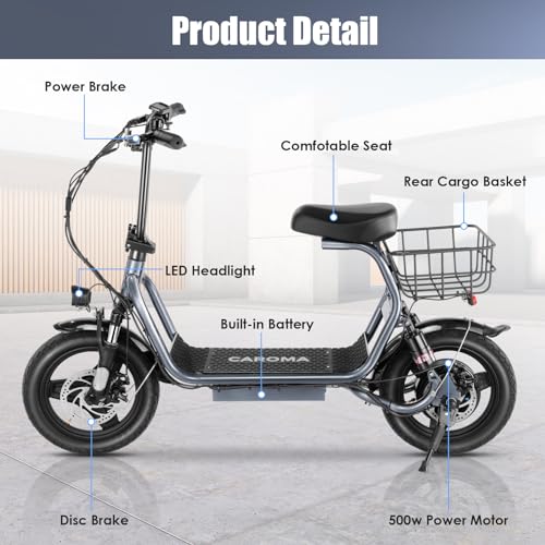 Caroma Peak 500W/800W/1200W Electric Scooter with Seat for Adults,up to 30 Miles&20MPH, 14" Fat Tire
