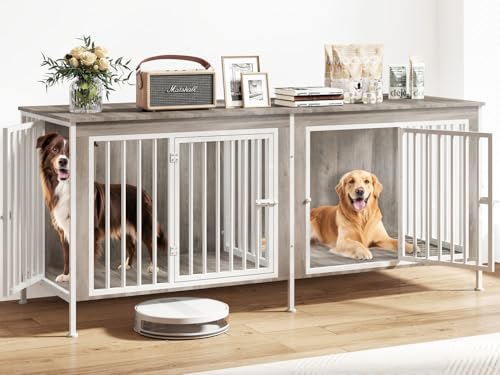 78 Inch Dog Crate Furniture for 2 Dogs,Extra Large Double Dog Kennel Furniture with Removable Divider, XXL Thick Wooden Dog Cage TV Stand